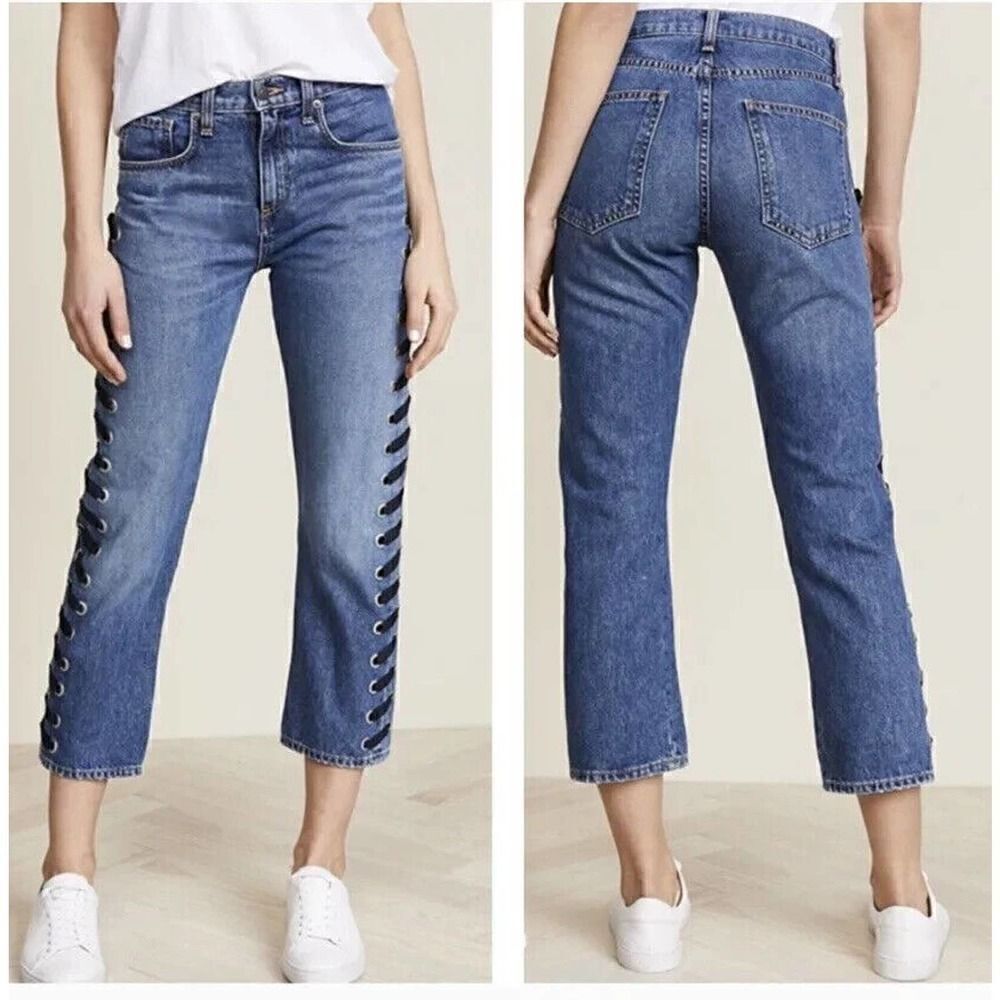 Veronica Beard Ines Girlfriend Lace Up High Rise denim jeans stone blue Size 26
